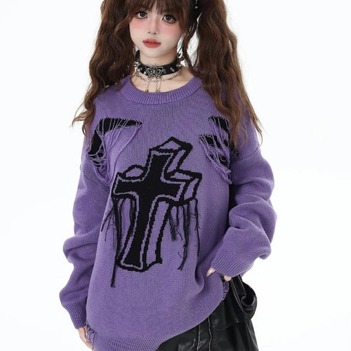 Load image into Gallery viewer, Harajuku Vintage Jacquard Knitted Sweater Women Causal Loose Y2k Aesthetic Pullover 2025 Antumn Hollow Out Tassels Jumpers Tops
