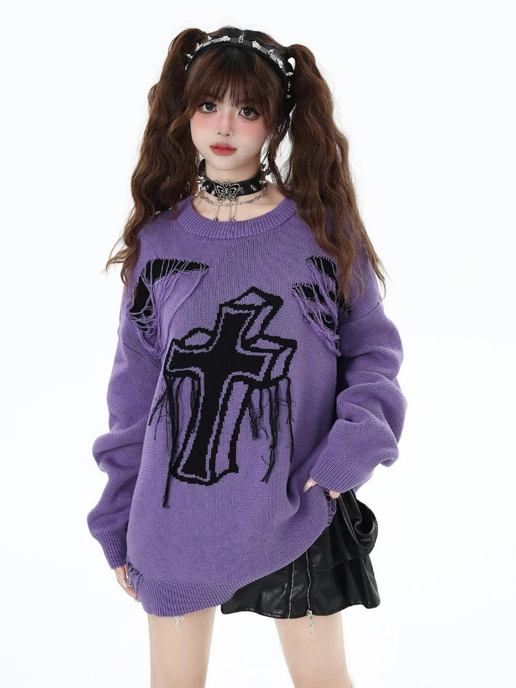 Harajuku Vintage Jacquard Knitted Sweater Women Causal Loose Y2k Aesthetic Pullover 2025 Antumn Hollow Out Tassels Jumpers Tops