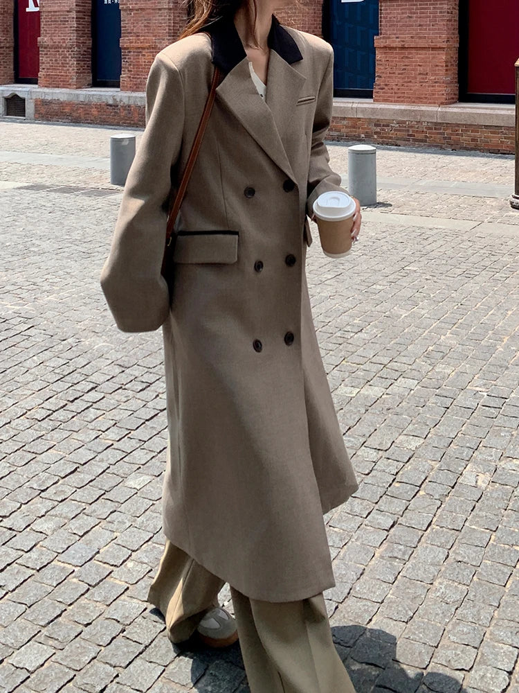 Women Khaki Double Breasted Big Size Long Blazer New Lapel Long Sleeve Jacket Fashion Tide Spring Autumn 2025 1DH9719