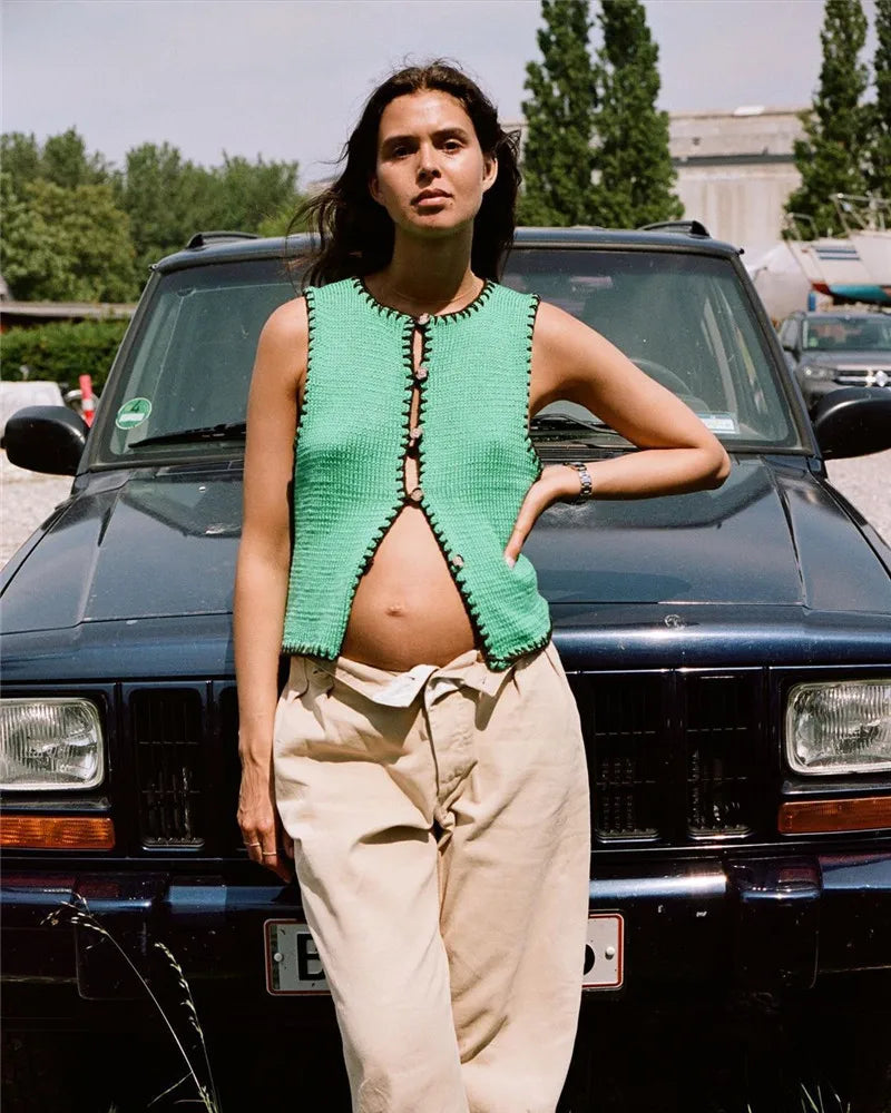 Contrast Color Knit Sweater Vest Women O Neck Single-btrasted Sleeveless Crop Tops Ladies Fashion Knitted Tops Vest