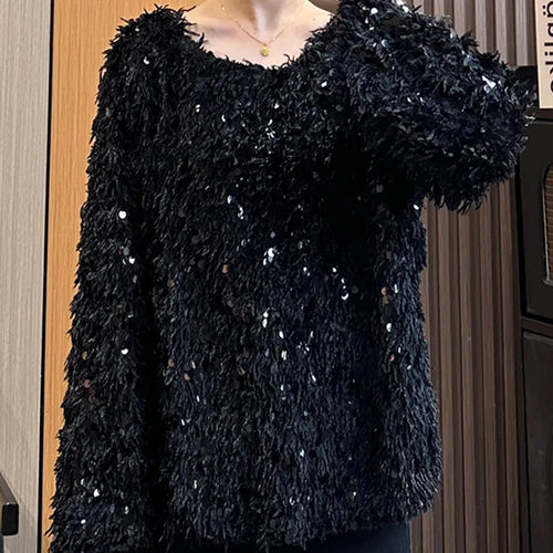 Load image into Gallery viewer, Solid Patchwork Sequins Elegant Knitting Sweaters For Women Round Neck Long Sleeve Pullover Sweater Female Fashion
