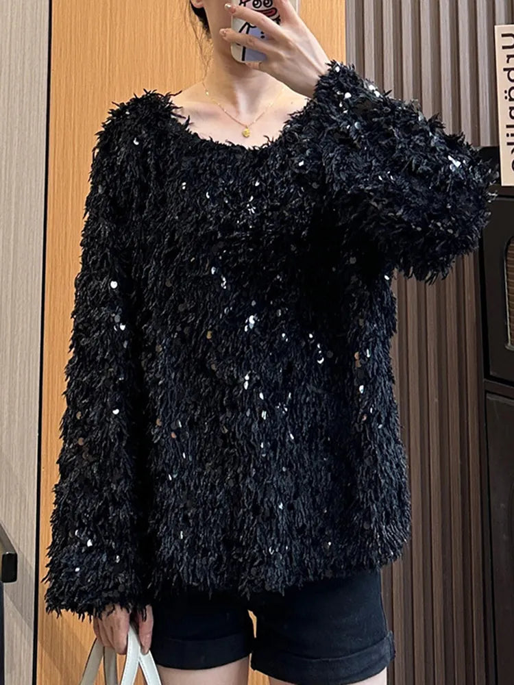 Solid Patchwork Sequins Elegant Knitting Sweaters For Women Round Neck Long Sleeve Pullover Sweater Female Fashion