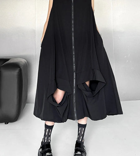 Women Black Zipper Hollow Out Big Size A-line Vest Dress New V-Neck Sleeveless Fashion Tide Spring Summer 2025 1DJ1410