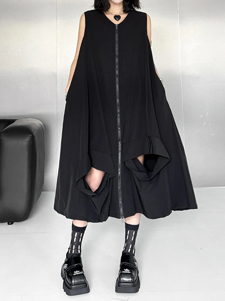 Women Black Zipper Hollow Out Big Size A-line Vest Dress New V-Neck Sleeveless Fashion Tide Spring Summer 2025 1DJ1410