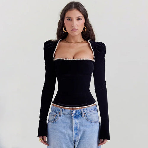 Load image into Gallery viewer, Square Collar Backless Bandage Sexy T-shirt Women Autumn Winter New Black Shoulder Pad Sleeve Skinny Sexy Party Tops
