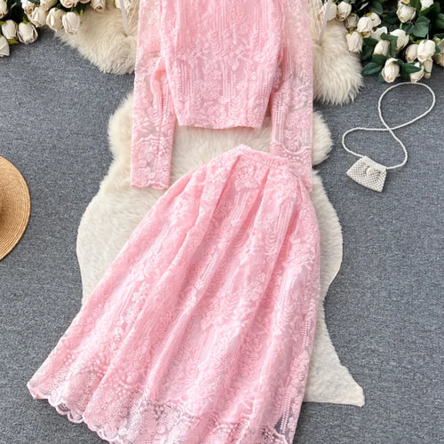 Load image into Gallery viewer, Vintage Elegant Two Piece Set Women Solid Lace Round Neck Long Sleeve Button Short Tops And High Waist Pleated Midi Skirt Autumn
