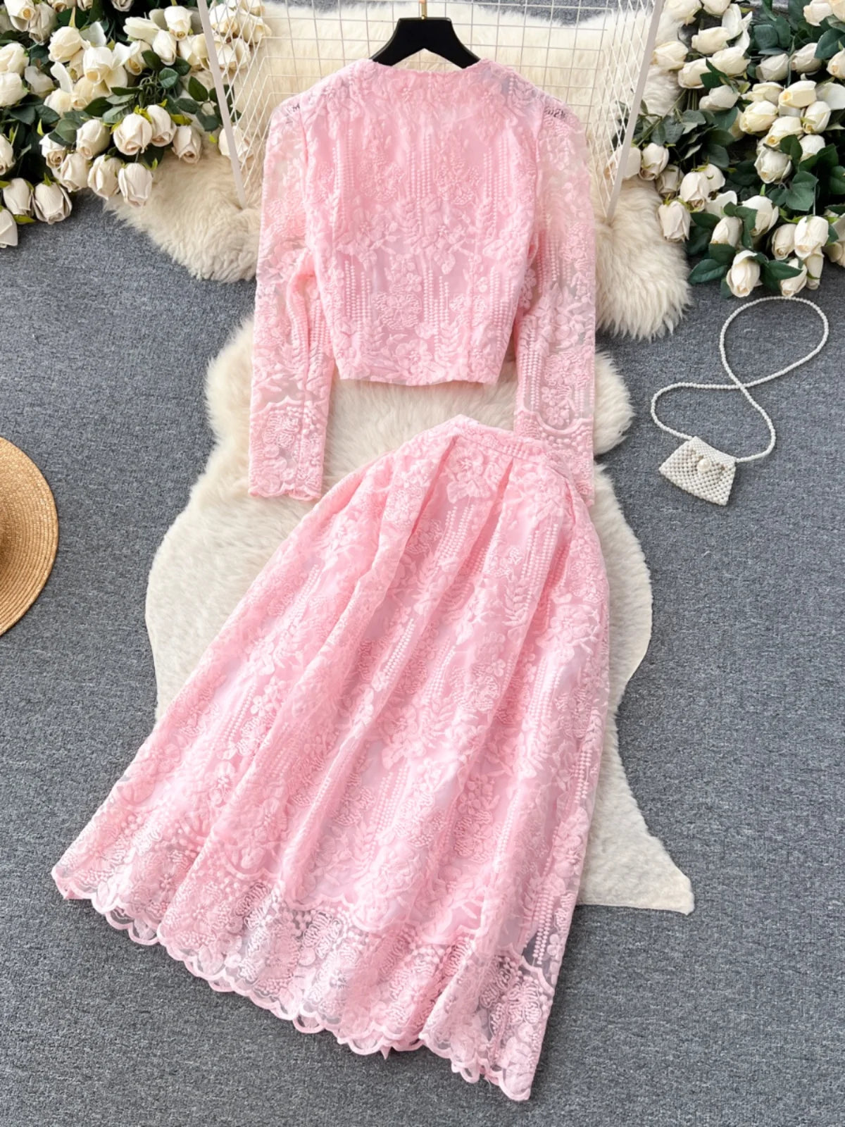Vintage Elegant Two Piece Set Women Solid Lace Round Neck Long Sleeve Button Short Tops And High Waist Pleated Midi Skirt Autumn