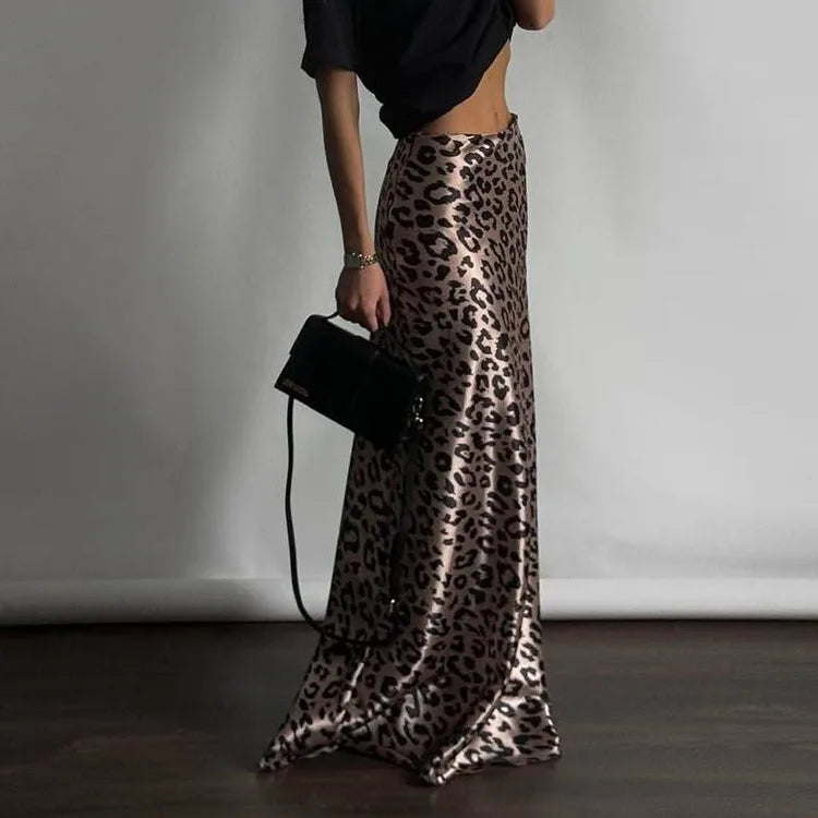 Satin Leopard Print Long Skirt Women Fashion High Waist Maxi Fishtail Skirt Ladies Fashion With Zipper Sexy Skirts