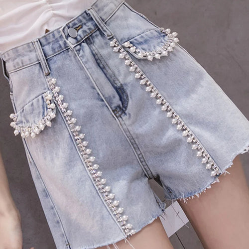 Load image into Gallery viewer, Korean Patchwork Pearl Short Pants For Women High Waist Solid Minimalist Denim Shorts Female Fashion Clothes Summer
