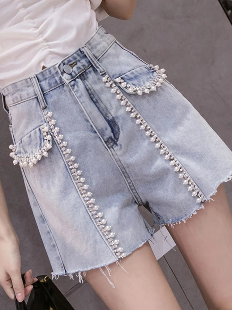 Korean Patchwork Pearl Short Pants For Women High Waist Solid Minimalist Denim Shorts Female Fashion Clothes Summer