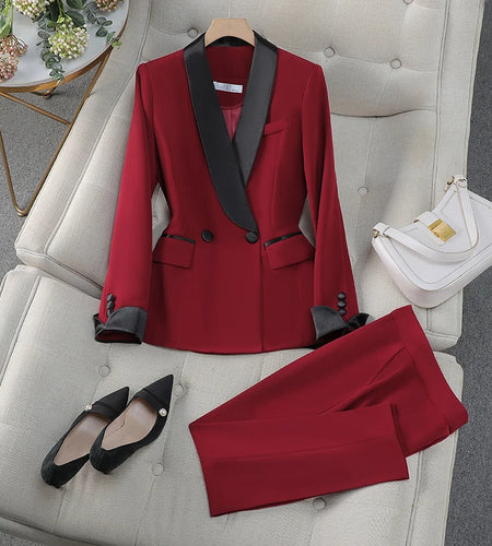 Autumn Women Elegant Work Blazer Suit Black Red Patchwork Double Breasted Coat Top And High Waist Pant Two Piece Set Office Lady