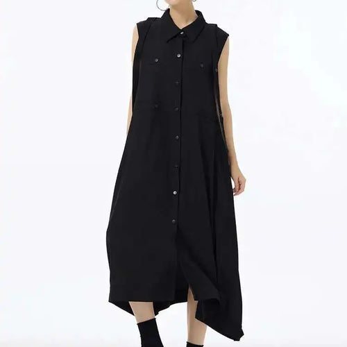 Load image into Gallery viewer, Women Army Green Button Big Size Midi Casual Shirt Dress New Lapel Sleeveless Fashion Tide Spring Summer 2025  1DH6614
