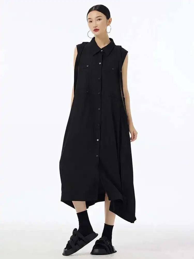 Women Army Green Button Big Size Midi Casual Shirt Dress New Lapel Sleeveless Fashion Tide Spring Summer 2025  1DH6614