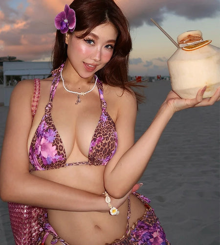 Flower Leopard Print 3-Piece Set Women Halter Bra+Strap Shorts+Folds Skirts Skinny Sexy Beach Party Matching Summer Suits