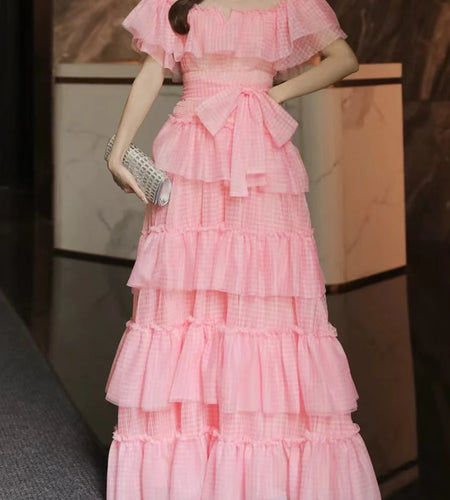 Solid Spliced Ruffles Loose Dresses For Women Slash Neck Short Sleeve High Waist Temperament Dresses Female Fashion