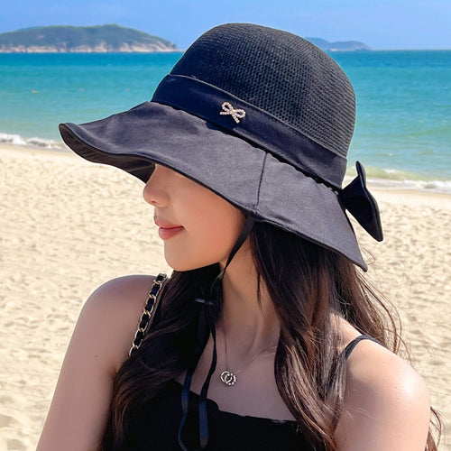 Load image into Gallery viewer, Women&#39;s Summer Sun Cap Fashion Hollow Bow Design Sun Hat Female Travel Beach Bucket Hat
