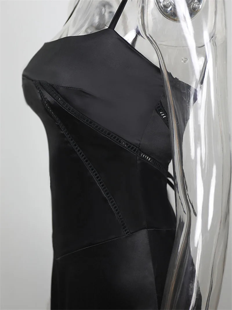 Lace-up Satin Maxi Slipdress Women Black Spaghetti Strap Sleeveless Backless Maxi Dress Femme Club Party Evening Dress