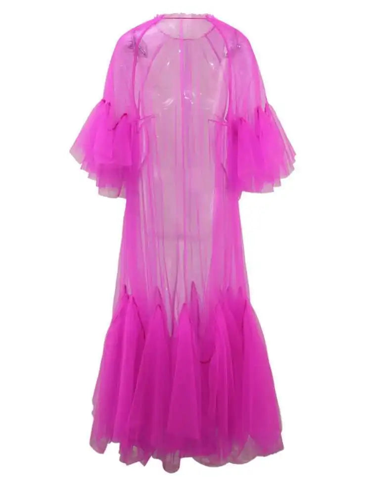 Women Purple Ruffles Mesh Perspective Big Size Long Dress New Round Neck Half Sleeve Fashion Spring Summer 2025 JR7711