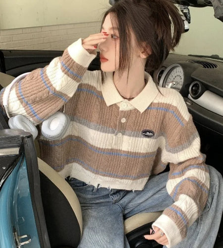 Contrast Color Stripe Pullovers Sweaters Grunge Knitted Loose Vintage Hole Jumpers Y2k Aesthetic Button Crop Tops Women Autumn