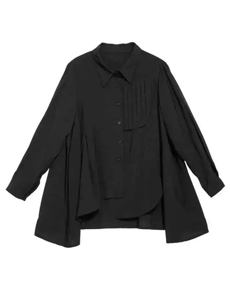 Women Black Irregular Pleated Big Size Blouse New Lapel Long Sleeve Loose Fit Shirt Fashion Spring Autumn 2025 1DF6525