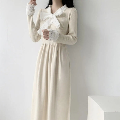 Load image into Gallery viewer, Korean Retro 2024 New Women Black Beige Patchwork Lace Holiday Pleated Dress Autumn Winter Red Bow Bandage Knitted Dress Popular
