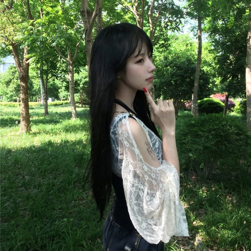 Load image into Gallery viewer, Summer Fake Two Pieces Lace Patchwork Women T-shirt Harajuku Off Shoulder Slim Fit Tops Y2k Aesthetic Grunge Ruffle Sleeve Tees
