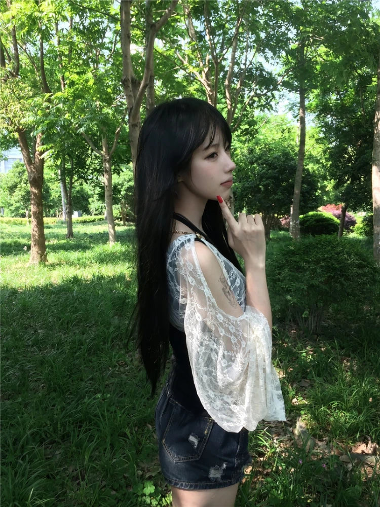 Summer Fake Two Pieces Lace Patchwork Women T-shirt Harajuku Off Shoulder Slim Fit Tops Y2k Aesthetic Grunge Ruffle Sleeve Tees
