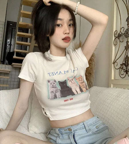 Women's Cat Print Crop Top Short Sleeve Crew Neck Slim Fit Summer Casual Exposed Navel Streetwear T-Shirt