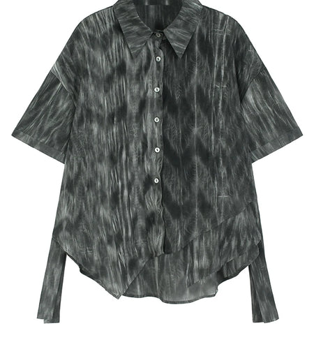 Women Dark Gray Tie Dye Ribbon Big Size Blouse New Lapel Short Sleeve Shirt Fashion Tide Spring Summer 2025 1DJ1047