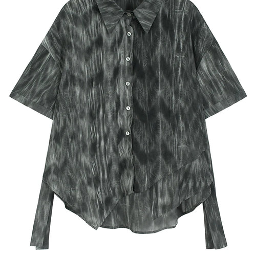 Load image into Gallery viewer, Women Dark Gray Tie Dye Ribbon Big Size Blouse New Lapel Short Sleeve Shirt Fashion Tide Spring Summer 2025 1DJ1047
