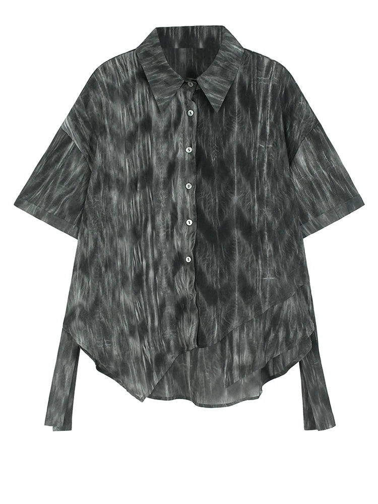 Women Dark Gray Tie Dye Ribbon Big Size Blouse New Lapel Short Sleeve Shirt Fashion Tide Spring Summer 2025 1DJ1047