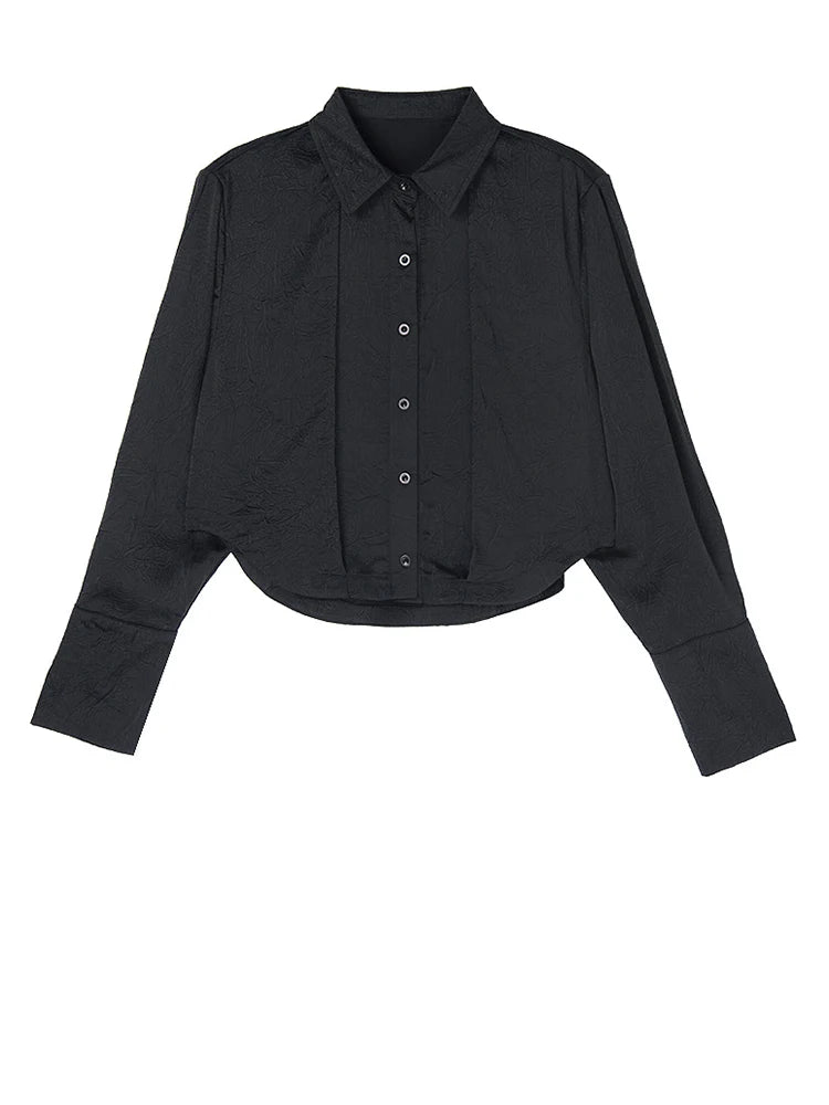 Women Black Textured Big Size Elegant Short Blouse New Lapel Long Sleeve Shirt Fashion Tide Spring Autumn 2025 1DJ1095