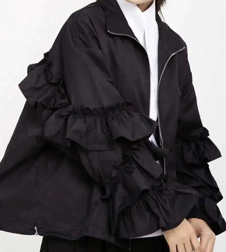 Loose Fit Black Ruffles Stitch Big Size Jacket New Lapel Long Sleeve Women Coat Fashion Tide Spring Autumn 2025 1B894