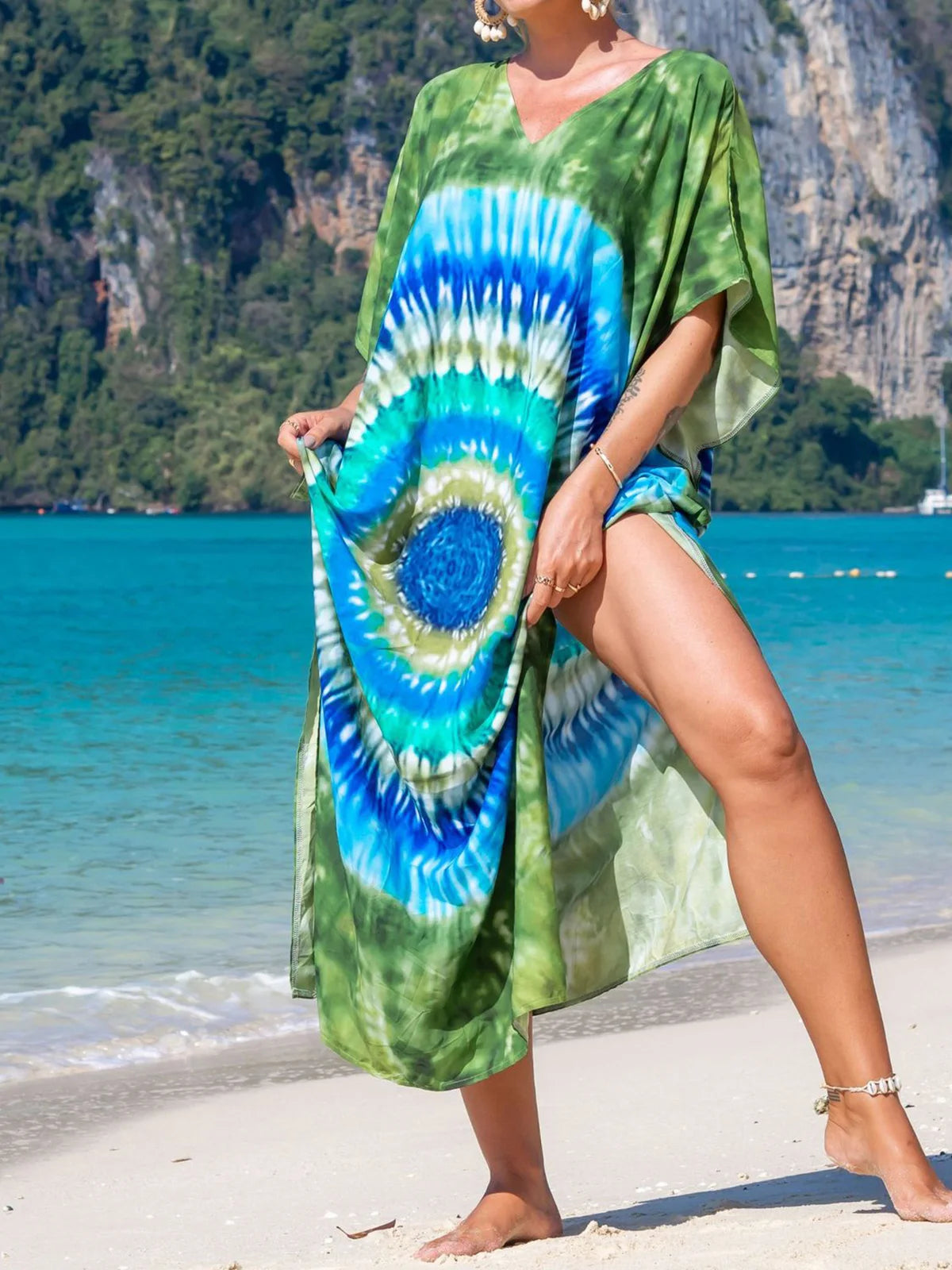 Colorful Kaftan Tunic Beach Cover Up Cover-ups Beach Dress Beach Wear Beachwear Loose Maxi Dress Female Women V4428