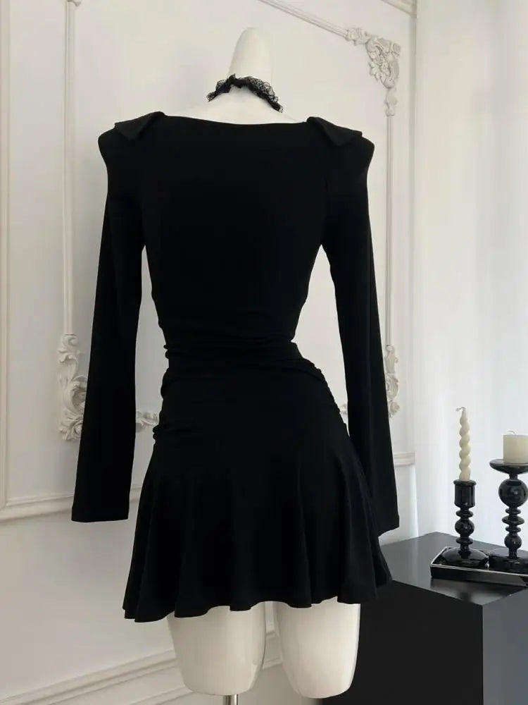 French 2024 Black V Neck Halter Elegant Single Breasted Birthday Party Short Dress Women Office Sexy Club Pleated Evening Dress