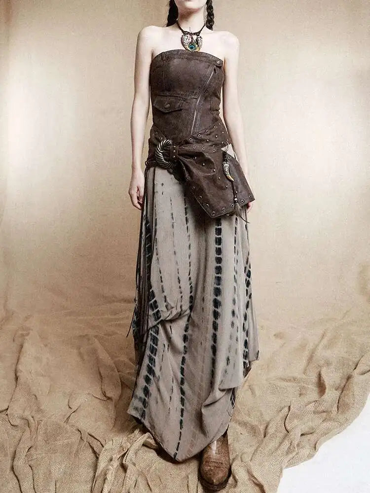 Women Brown Irregular Spliced Tie Dye Vintage Long Strapless Dress New Sleeveless Fashion Tide Spring Autumn 2025 1DH9375