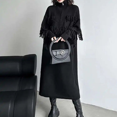 Load image into Gallery viewer, Women Black Tassels Knitting Big Size Midi Dress New Turtleneck Long Sleeve Loose Fit Fashion Spring Autumn 2025 1DH1601
