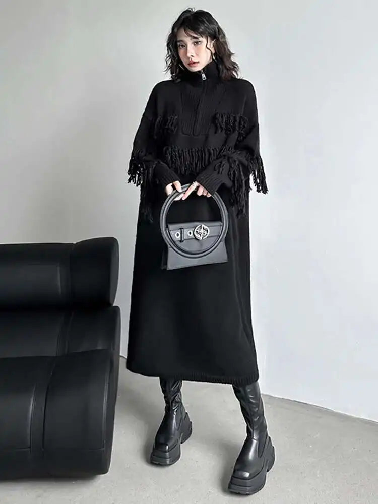 Women Black Tassels Knitting Big Size Midi Dress New Turtleneck Long Sleeve Loose Fit Fashion Spring Autumn 2025 1DH1601