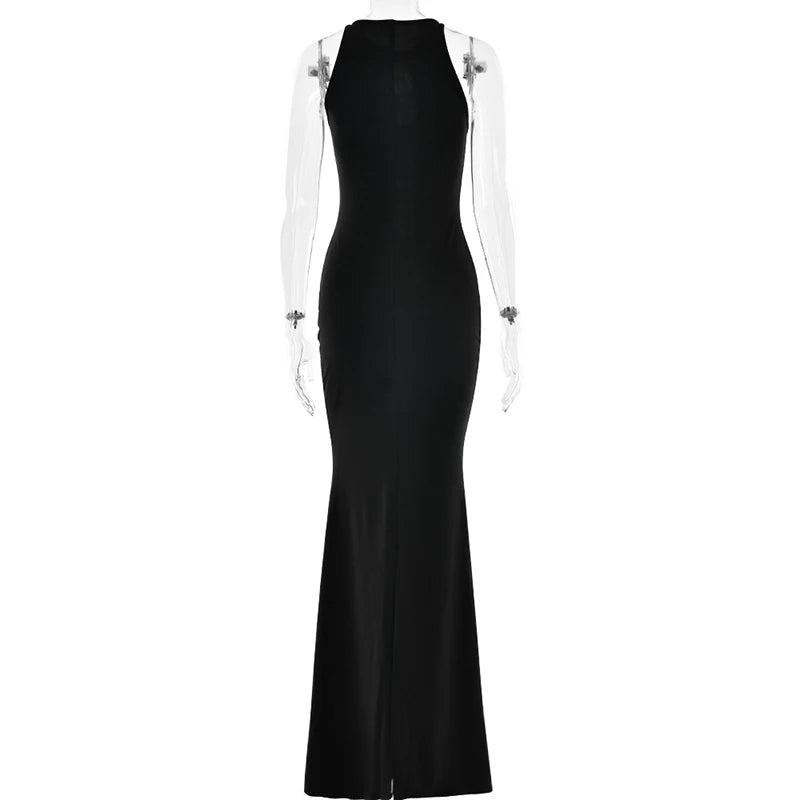 Hollow Out Pearl Tassel Sexy Maxi Dress For Women Black O Neck Sleeveless High Waist Bodycon Club Party Long Dress