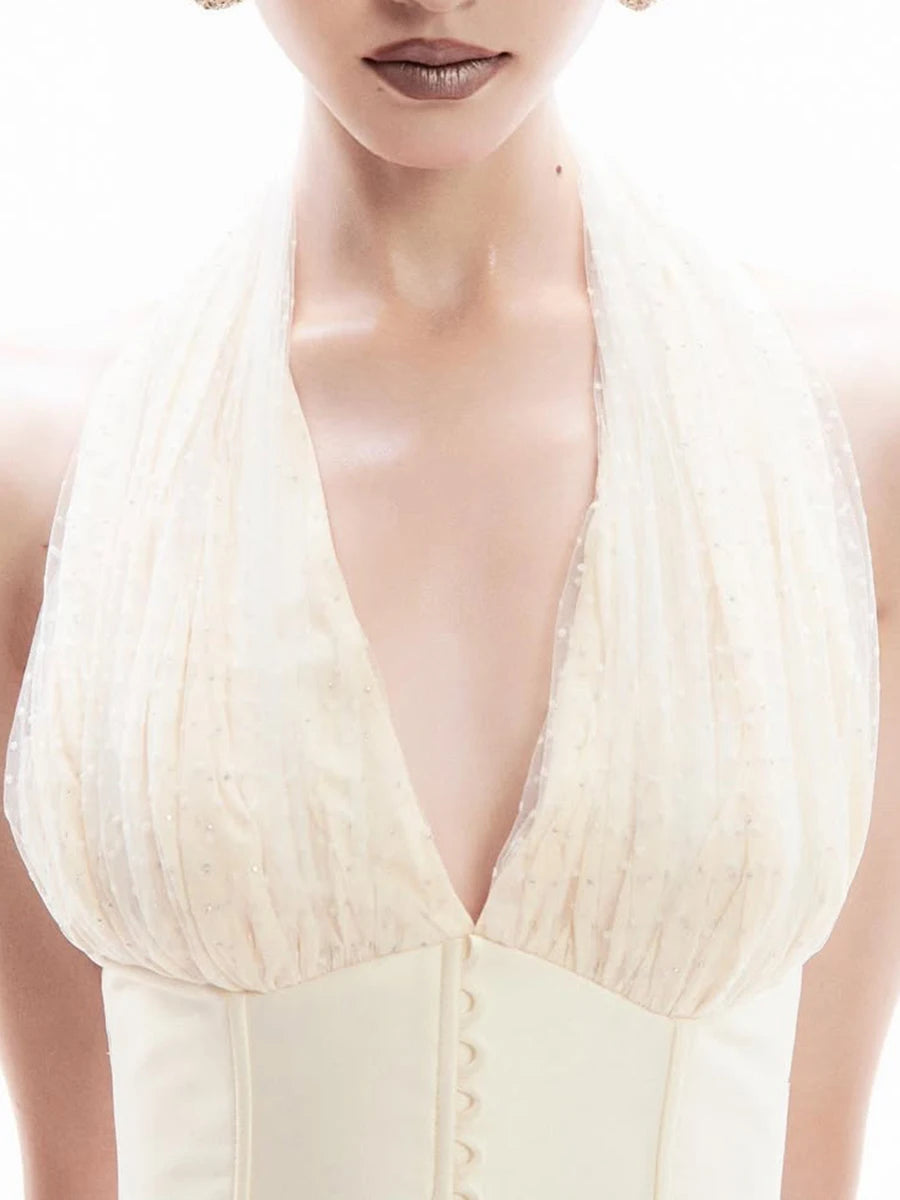 Solid Spliced Folds Slimming Dresses For Women V Neck Sleeveless Tunic Temperament Minimalist Dress Female Style