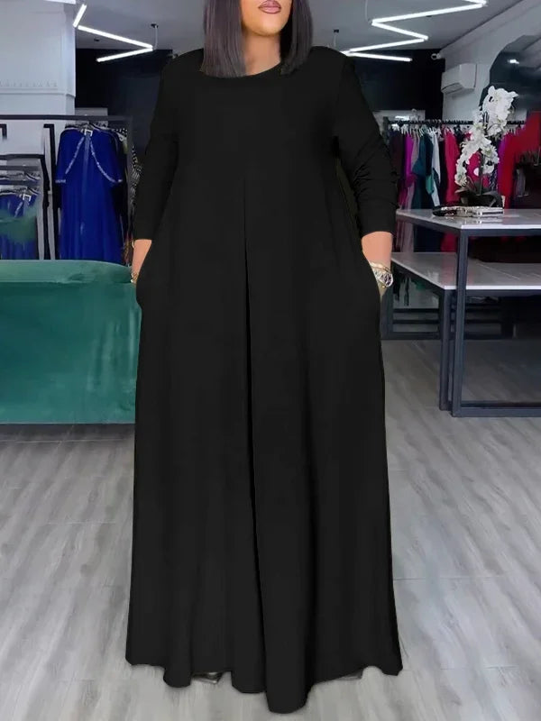 Summer Fashion Afican Loose Soild Color JumpSuits for Women with Pockets Round-Neck Wide Leg Pants Jumpsuit Female