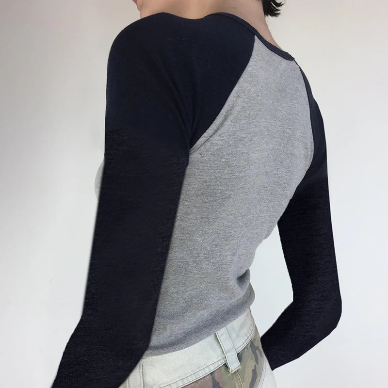 Harajuku Graphic Tees y2k Printing Bodycon Women's Crop Tops Casual Raglan Sleeve Autumn Tshirt Contrast Color Shirts