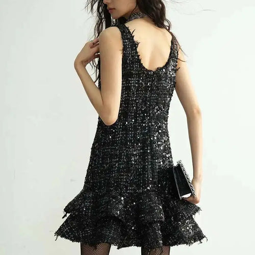 Load image into Gallery viewer, Women Black Sequins Tassels Ruffles Mini Elegant Dress New Round Neck Sleeveless Fashion Tide Spring Autumn 2025 1DH8269
