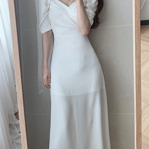 Load image into Gallery viewer, Retro V-Neck Slim Waist Women Dress Elegant Puff- Sleeve White Female A-Line Dress  Summer Party Vestidos Femme Maxi
