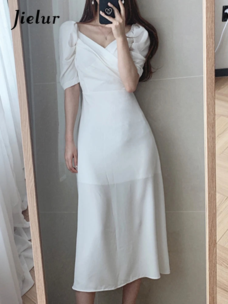 Retro V-Neck Slim Waist Women Dress Elegant Puff- Sleeve White Female A-Line Dress  Summer Party Vestidos Femme Maxi