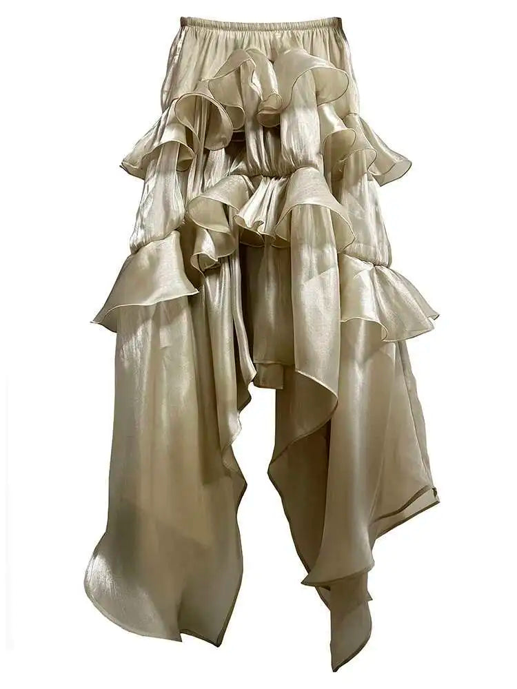 High Elastic Waist Champagne Glossy Irregular Ruffles Elegant Skirt Women Fashion Tide New Spring Autumn 2025 1DH2124