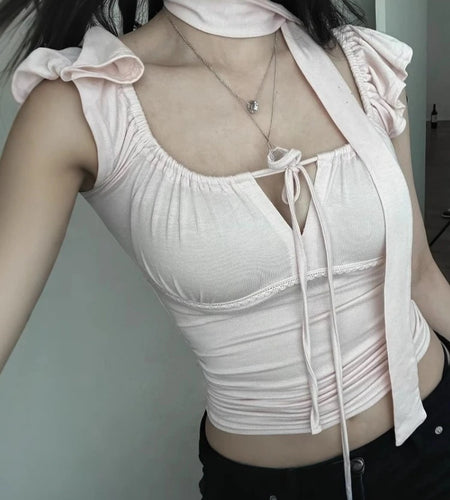 Sexy Square Collar Bandage Tees Summer Women Y2k Aesthetic Feifei Sleeves Slim Fit T-shirt Harajuku Grunge Fairy Cropped Tops