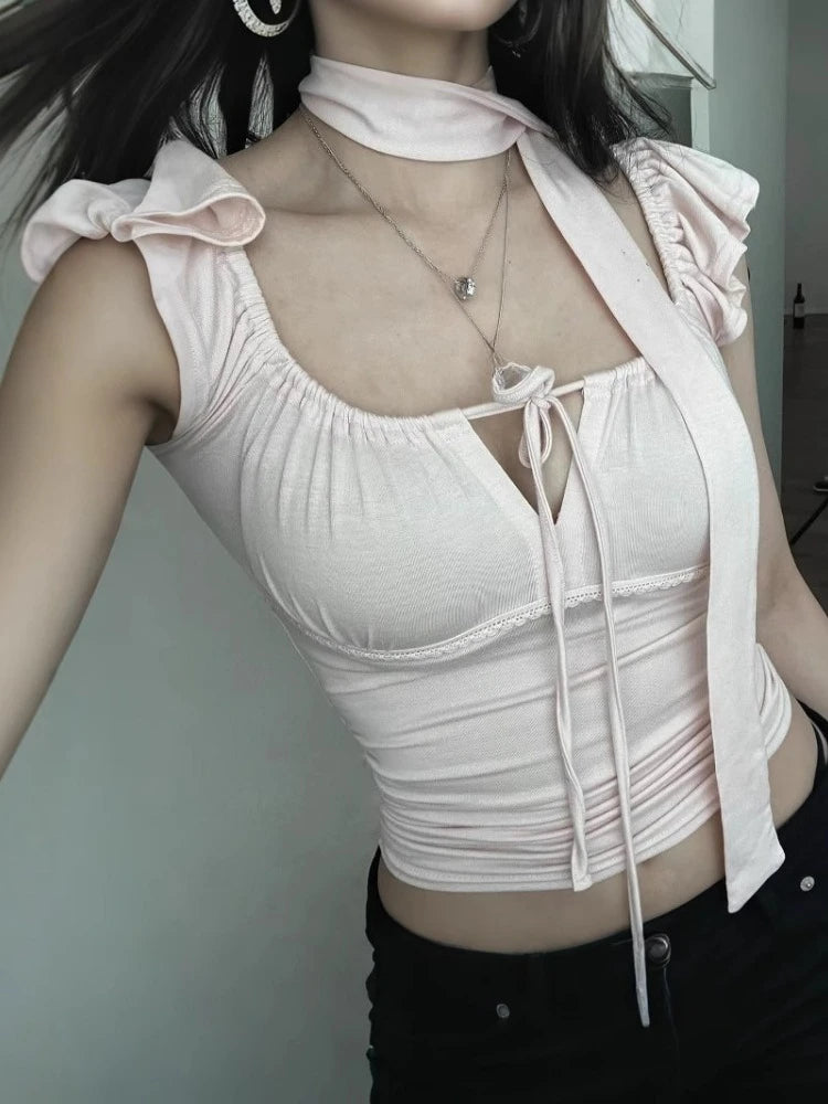 Sexy Square Collar Bandage Tees Summer Women Y2k Aesthetic Feifei Sleeves Slim Fit T-shirt Harajuku Grunge Fairy Cropped Tops