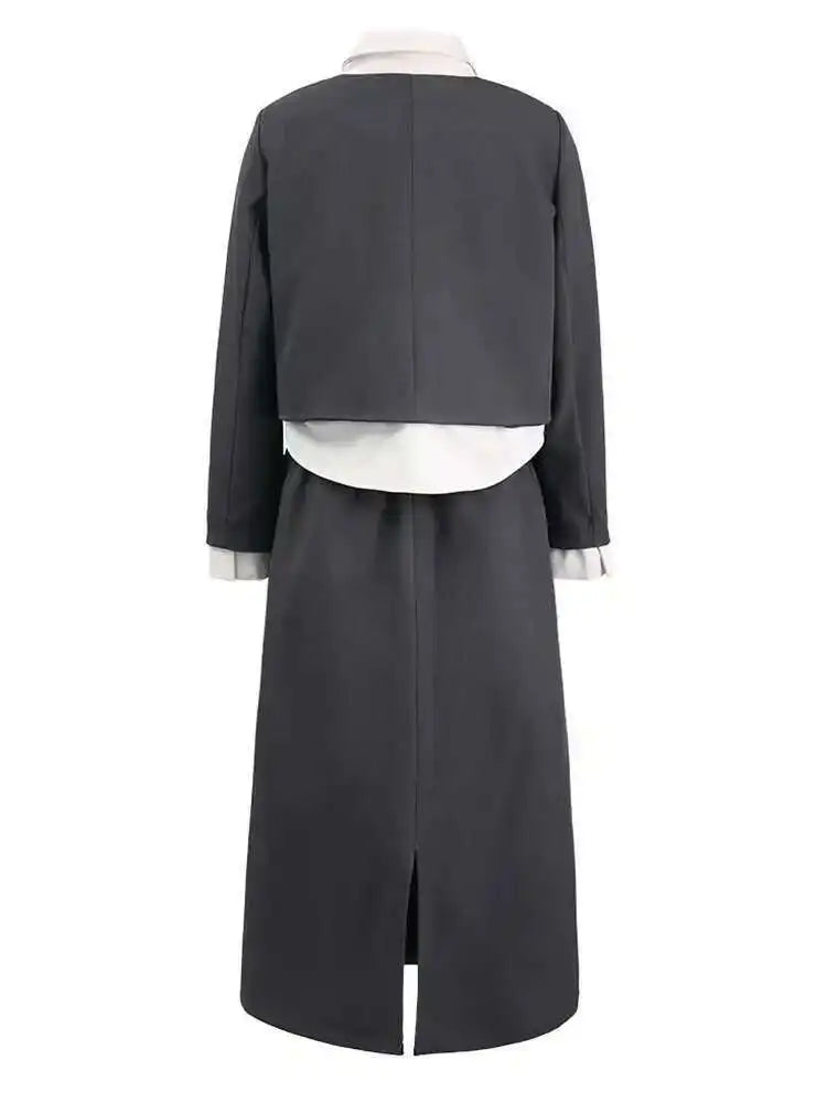 Gray Color-block Jacket Half-body Skirt Two Pieces Suit New Lapel Long Sleeve Women Fashion Spring Autumn 2025 CPG1298