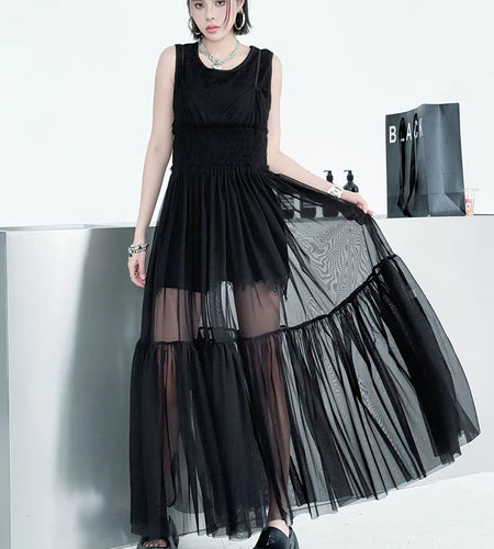 Women Black Mesh Perspective Elegant Spaghetti Strap Dress New V-Neck Sleeveless Fashion Tide Spring Summer  2025 1DJ0845